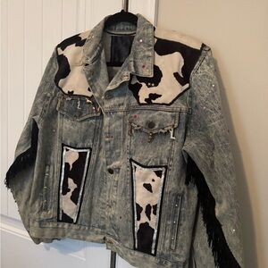 Cow Print Denim Jacket with Fringe